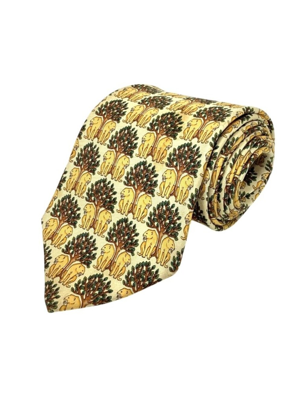 Brooks Brothers Vintage Necktie Ivory Yellow Lions Trees Silk Wide 59"